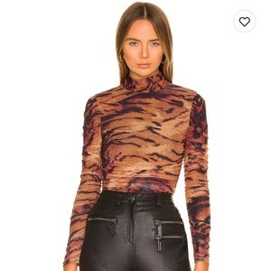 Camila Coelho bodysuit, ruched detailing, snap button bodysuit closing